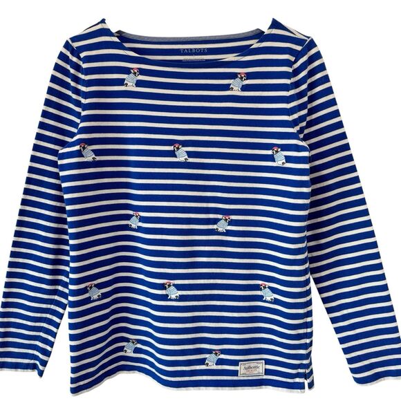 Talbots Stripe Blue Top Nautical Embroidered Frenchie 100% Cotton Preppy Small - Picture 1 of 11